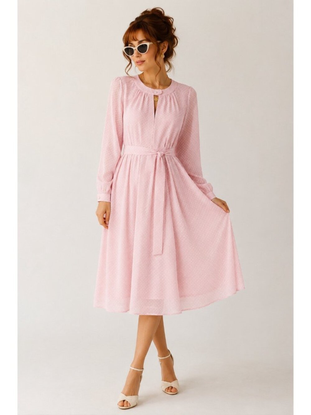 VTG Small Pale Pink Polka Dot Long Sleeve Dress 40"L Cotton Bl  Lined W/Belt GUC